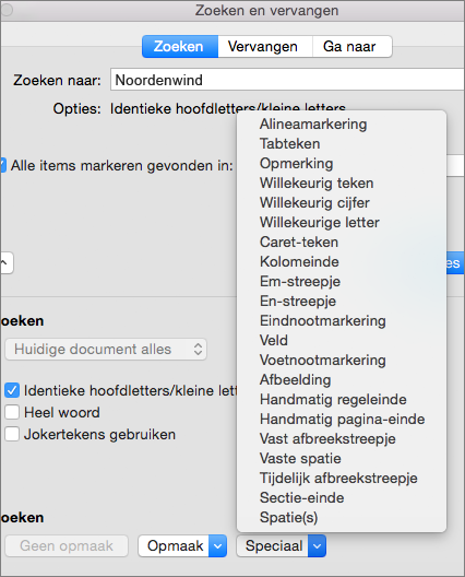 Speciale tekens zoeken