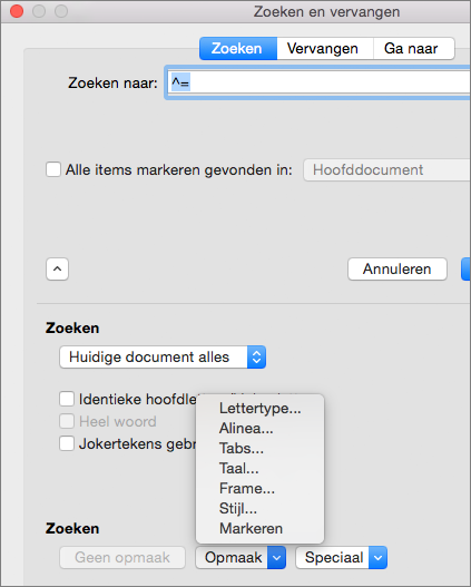 Toont de opties voor Opmaak