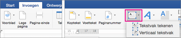 Op het tabblad Invoegen is Tekstvak gemarkeerd.