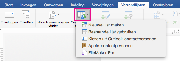 Op het tabblad Verzendlijsten is Geadresseerden selecteren gemarkeerd met een lijst met opties