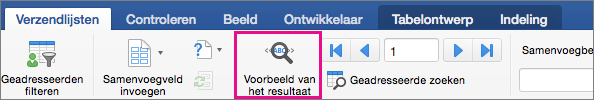 Op het tabblad Verzendlijsten is Voorbeeld van het resultaat gemarkeerd