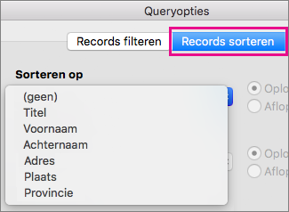 Klik op Records sorteren om items te sorteren in afdruk samenvoegen
