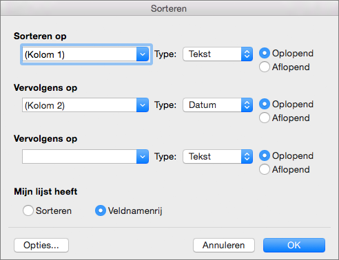 Toont de opties die u kunt instellen in het dialoogvenster Sorteren.