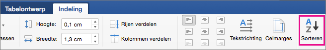 Tabblad Tabelindeling met de optie Sorteren gemarkeerd.