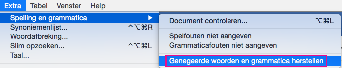 Als u de woorden en grammatica die door Word worden genegeerd, wilt wissen, klik op Genegeerde woorden en Grammatica Opnieuw instellen.