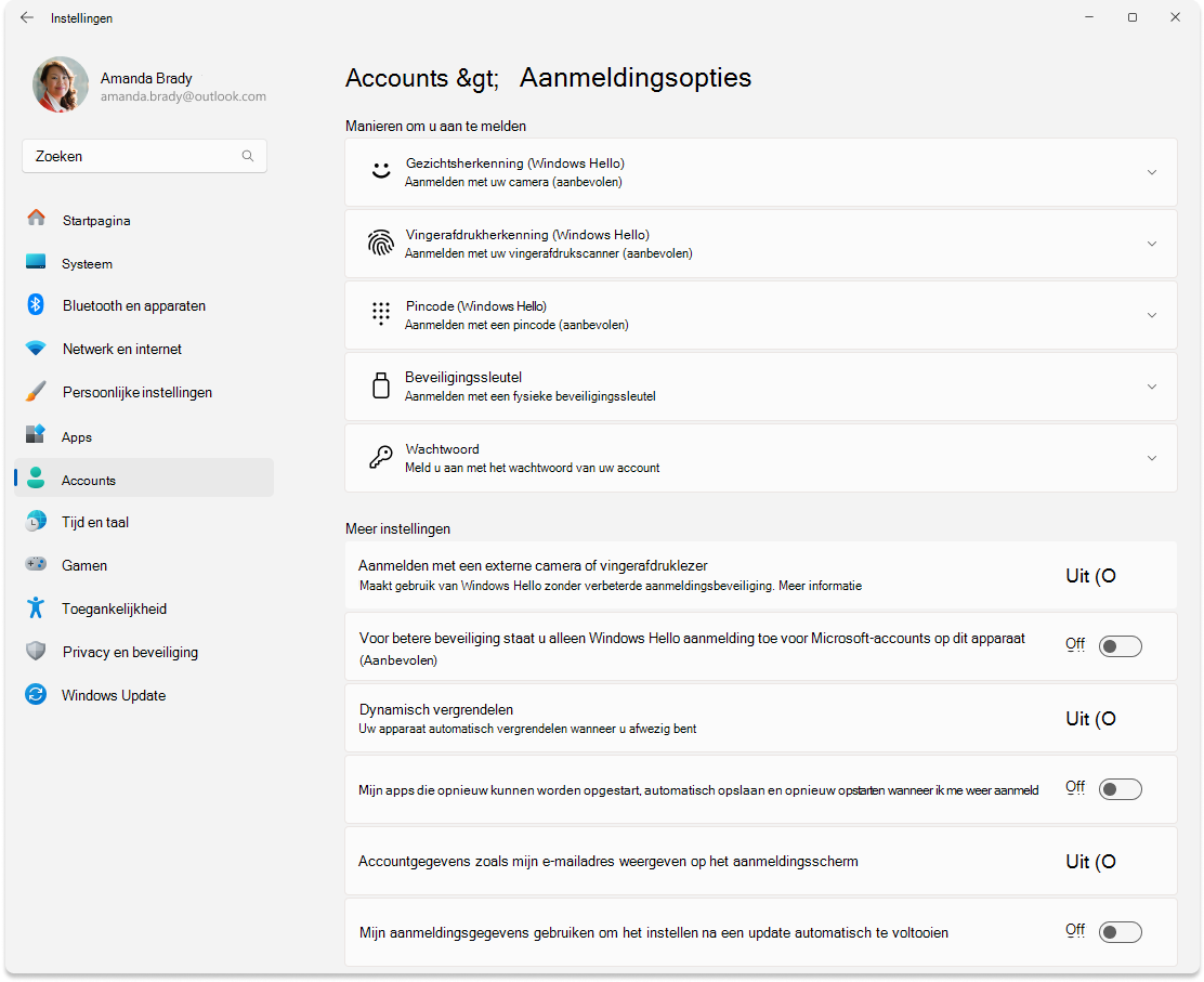 Schermopname van het scherm Aanmeldingsopties voor instellingen > .