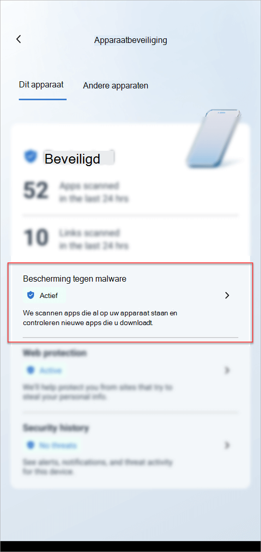 De kaart Apparaatbeveiliging in Microsoft Defender op Android met de sectie Malwarebeveiliging gemarkeerd.