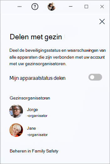 Het deelvenster Delen met gezin in Microsoft Defender op Windows.