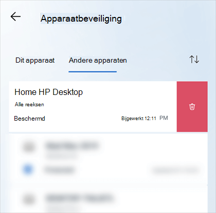 Swipe op mobiele apparaten naar links op een apparaat en selecteer vervolgens het pictogram Apparaat verwijderen aan de rechterkant van de apparaatkaart.