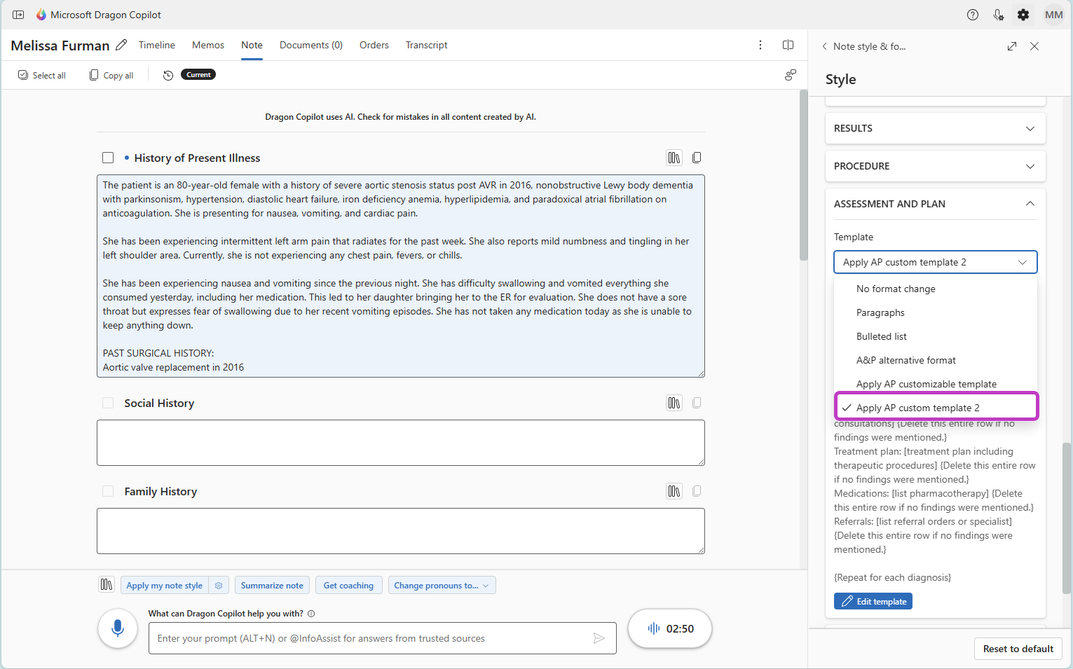 Dragon Copilot Stijl-wizard, sectie Evaluatie en Plan met het vervolgkeuzemenu Sjabloon weergegeven en een aangepaste A&P-sjabloon gemarkeerd in de lijst.