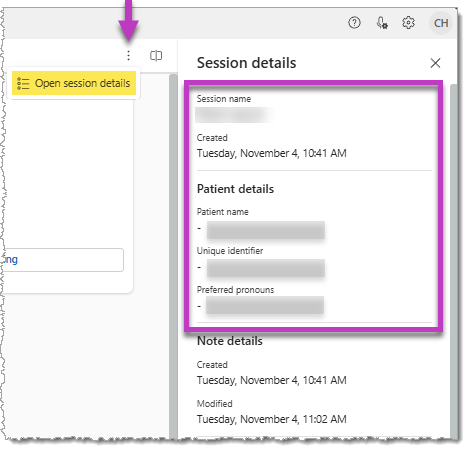 Afbeelding van het scherm Sessiedetails voor een EHR-sessie in Dragon Copilot.