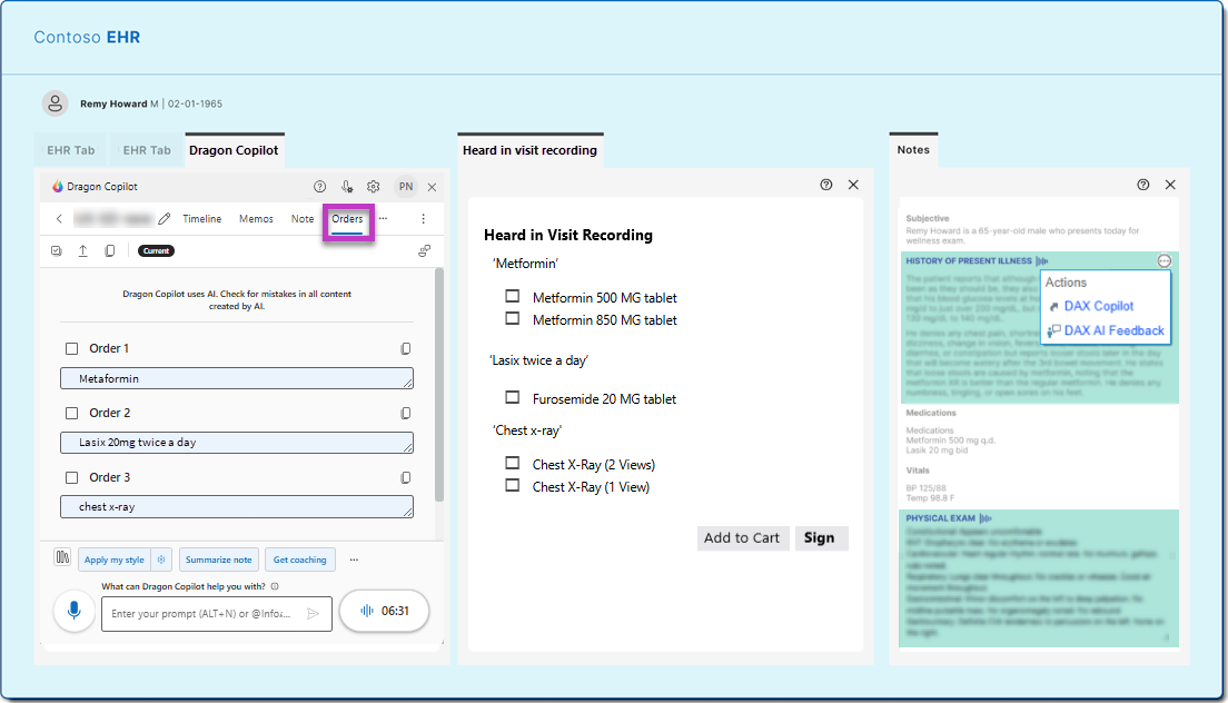 Afbeelding van een gesimuleerd EHR waarin de voorgestelde orders in Dragon Copilot en een EPD worden weergegeven.