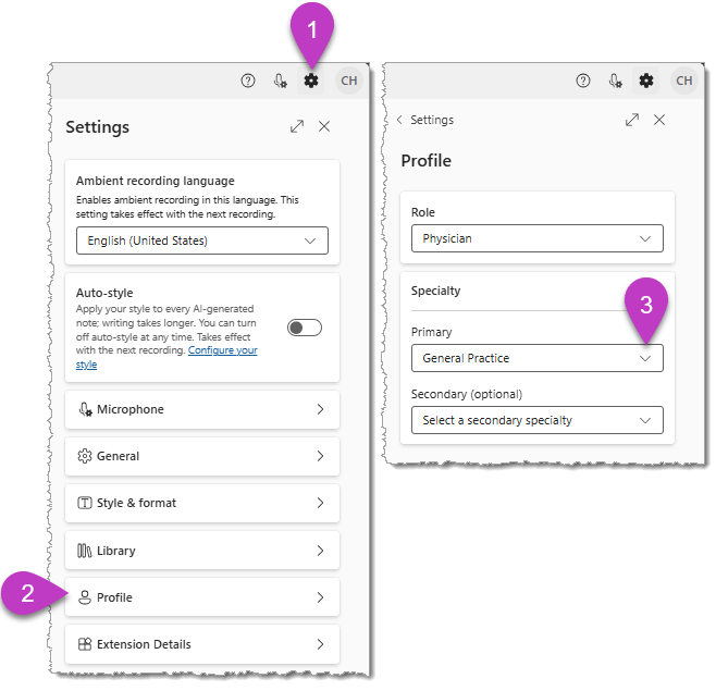 Afbeelding van het scherm Profielinstelling in Dragon Copilot.