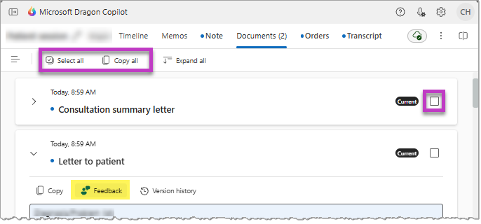 De kopieeropties voor documenten en het Documentfeedback-pictogram in Dragon Copilot.