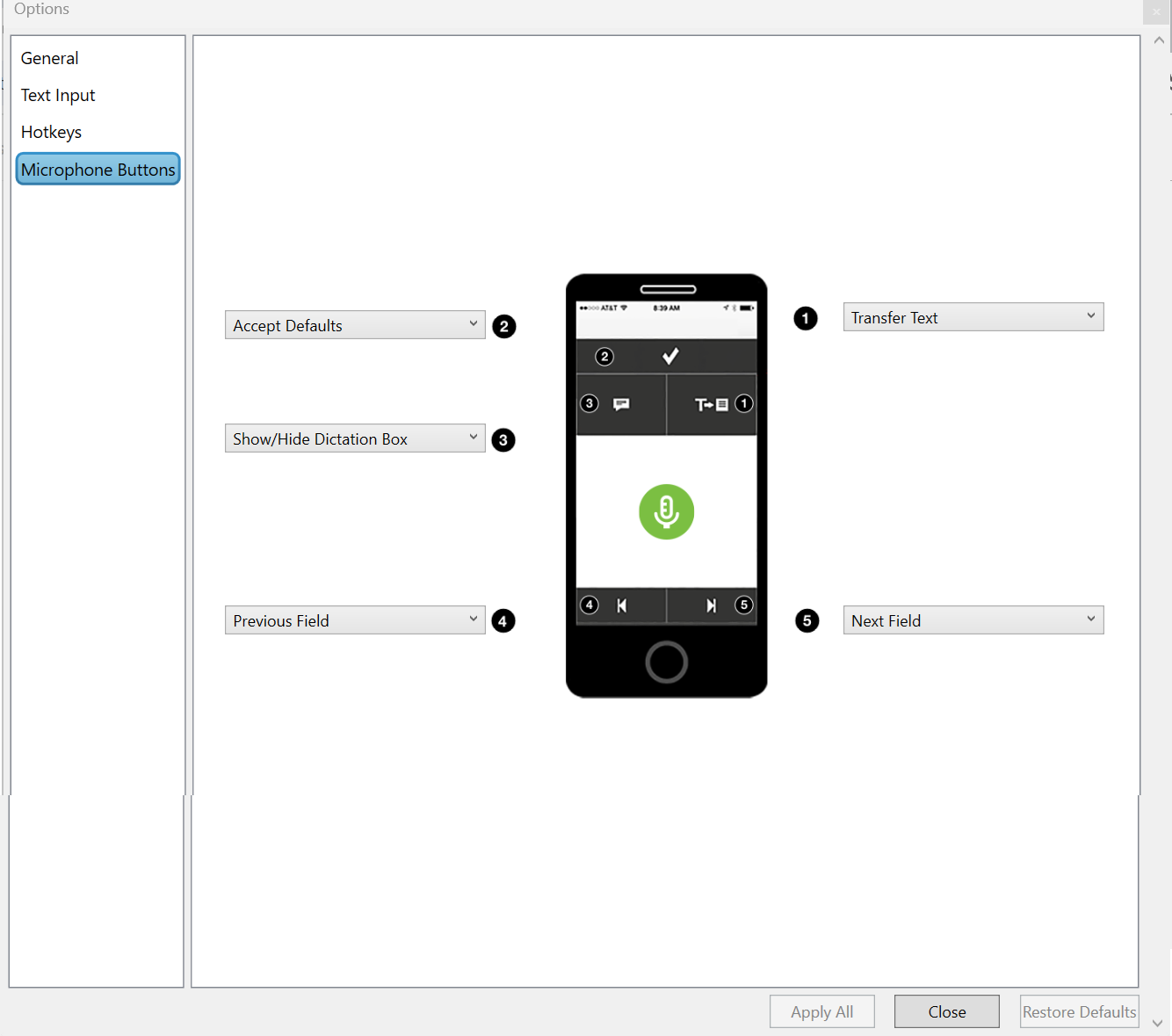 PowerMic Mobile wordt aangepast via Dragon Medical One-opties