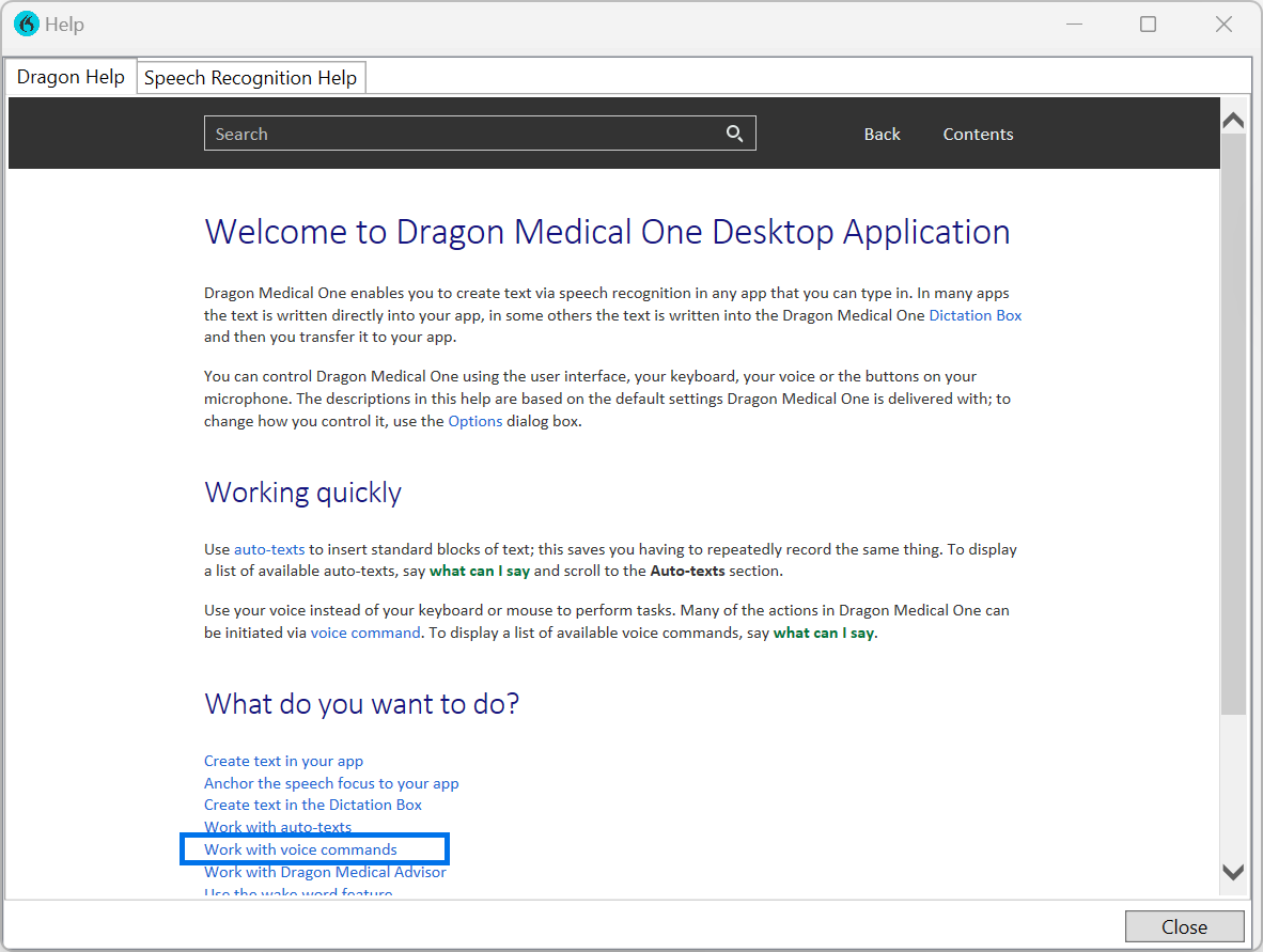 Dragon Medical One Help geopend en Met spraakopdrachten werken gemarkeerd