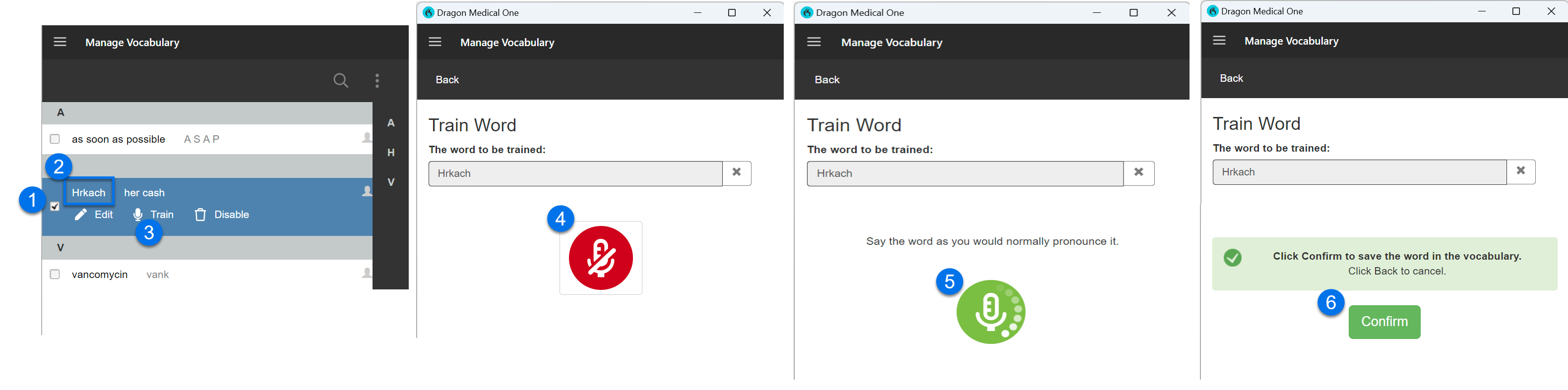 Stappen voor het trainen van een woord in Dragon Medical One