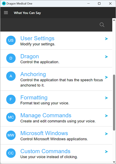 Dragon Medical One menu Wat kan ik zeggen