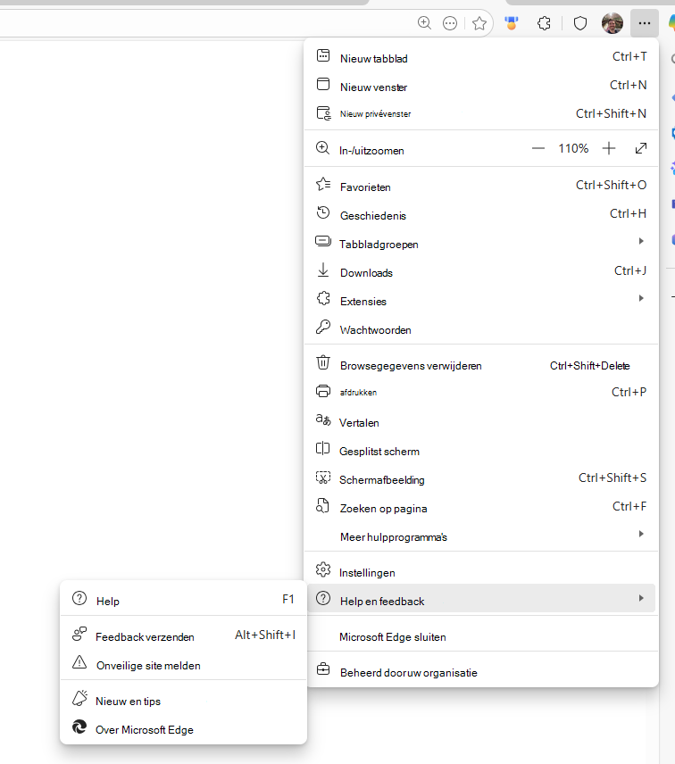 Schermopname van Help en feedback in Edge.