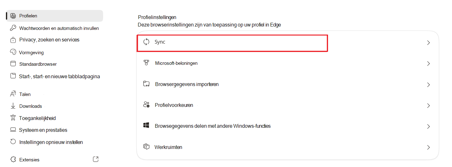 Schermopname van synchronisatie-instellingen in Edge.