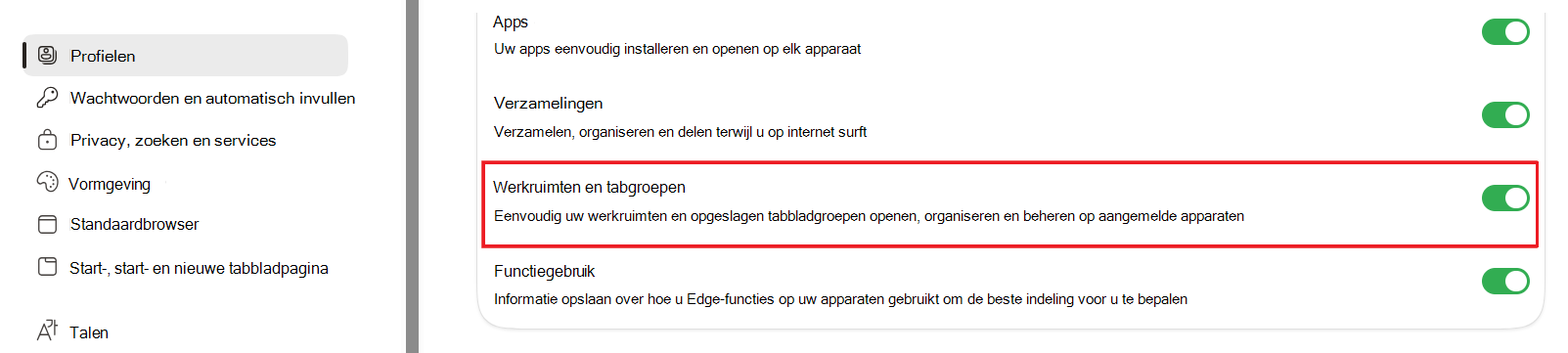 Schermopname van Werkruimten en Tabgroepen in Edge-instellingen.