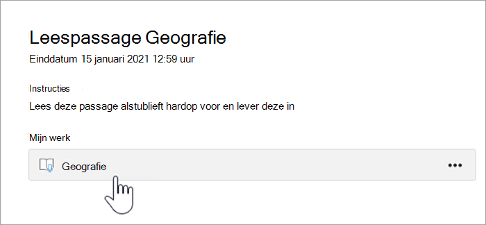 schermafbeelding van de ervaring van leerlingen. tekst luidt Leespassage Geografie, einddatum 15 januari 2021 12:59 uur, instructies: lees deze passage hardop en dien mijn werk in, een knop met de tekst Geografie.