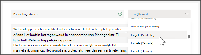 schermopname van de vervolgkeuzelijst voor het selecteren van een taal