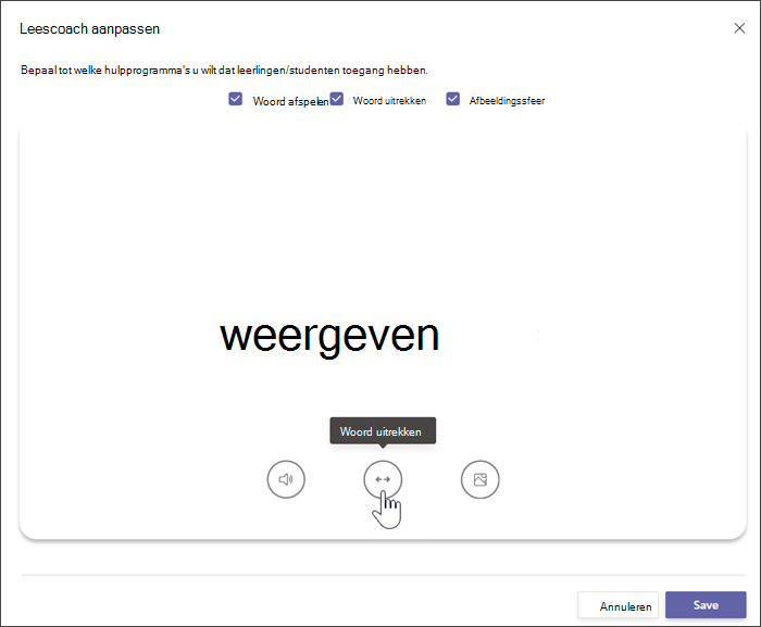 Zijpaneel voor het maken van de leesvoortgangsopdracht, die aangeeft dat de standaardinstelling voor Leescoach is ingeschakeld
