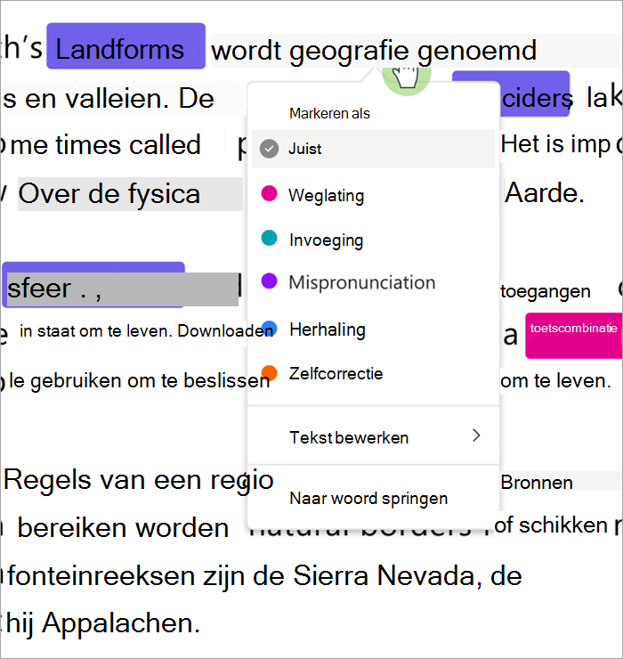 van de vervolgkeuzelijst waarin fouten worden gecategoriseerd. U kunt fouten markeren als juist, weglating, invoeging, verkeerde uitspraak, herhaling of zelfcorrectie.