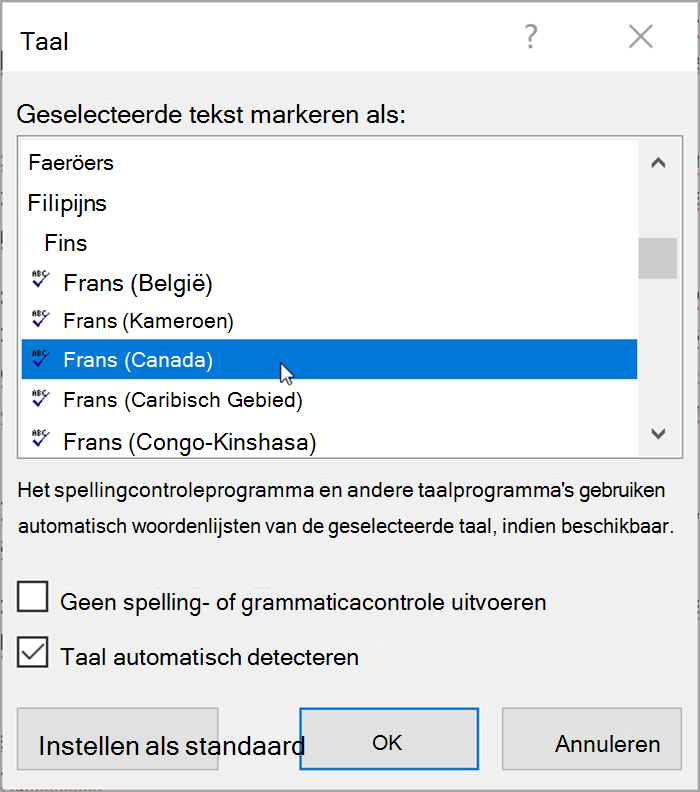 Schermafbeelding van Word. De lijst met talen die u kunt selecteren, wordt weergegeven. Taal automatisch bepalen is ingeschakeld.