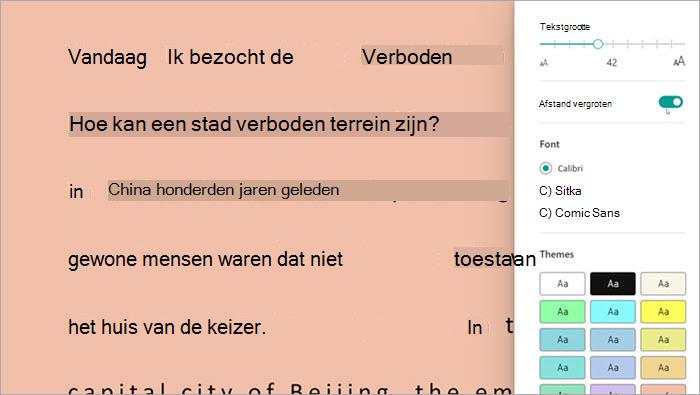 schermopname van insluitende lezer in Leesvoortgang. opties worden weergegeven, waaronder tekstgrootte, afstand en achtergrondkleur