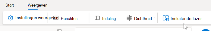 Schermafbeelding van de bovenkant van de webversie van Outlook met het tabblad Beeld geselecteerd en de muisaanwijzer boven de insluitende lezer