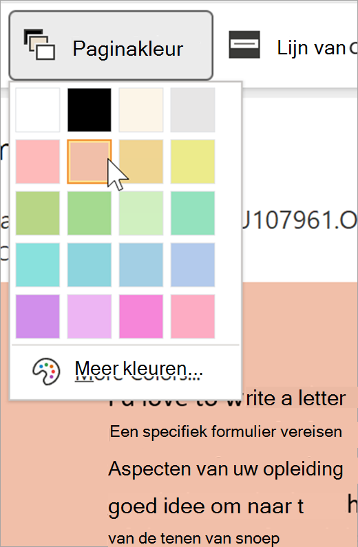 schermopname van de vervolgkeuzelijst paginakleur voor insluitende lezer. Er wordt een kleurenpalet weergegeven en de achtergrond achter de vervolgkeuzelijst is pasteloranje