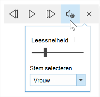 schermopname van de werkbalk Spraakopties voor insluitende lezer. De muisaanwijzer beweegt over de instellingen en toont een wisselknop voor leessnelheid en vervolgkeuzelijst voor spraakselectie