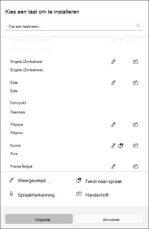 Schermafbeelding van taalpakketten die kunnen worden gedownload in de instellingen van Windows 10.