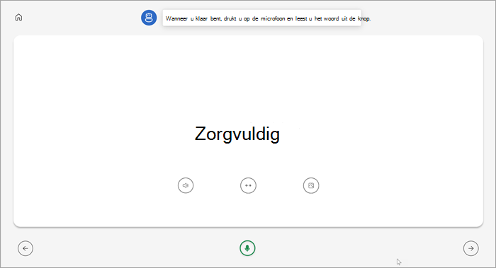 volledige schermweergave van studenten die coachpagina lezen. Het woord 'voorzichtig' wordt weergegeven met knoppen om het woord af te spelen, het woord uit te rekken of een afbeelding eronder te bekijken. Onder aan de pagina bevindt zich een groene microfoon.