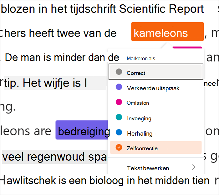 tekst gemarkeerd met fouten, het woord kameleons is ingekapseld in een zwart vierkant dat aangeeft dat sneltoetsen worden gebruikt, een vervolgkeuzemenu toont zelfcorrectie die wordt geselecteerd uit de beschikbare soorten fouten.