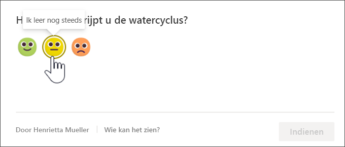 Schermafbeelding van de weergave van studenten van de checkin voordat ze reageren. De muis beweegt over de gele, onzekere emoji en een knopinfo luidt Ik ben nog aan het leren