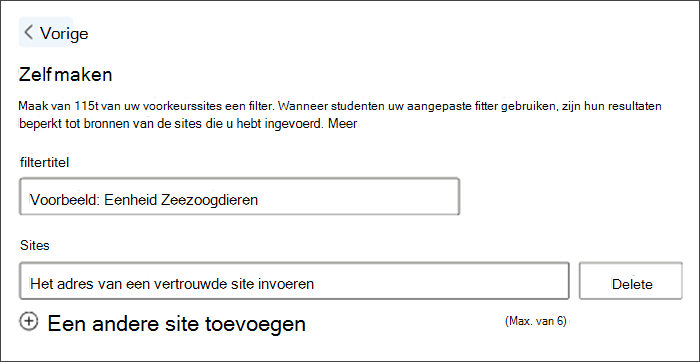 Schermafbeelding van het maken van een aangepast filter. De titel van het voorbeeldfilter is eenheid zeezoogdieren en er is een open ruimte daaronder om uw favoriete sites in te voeren.