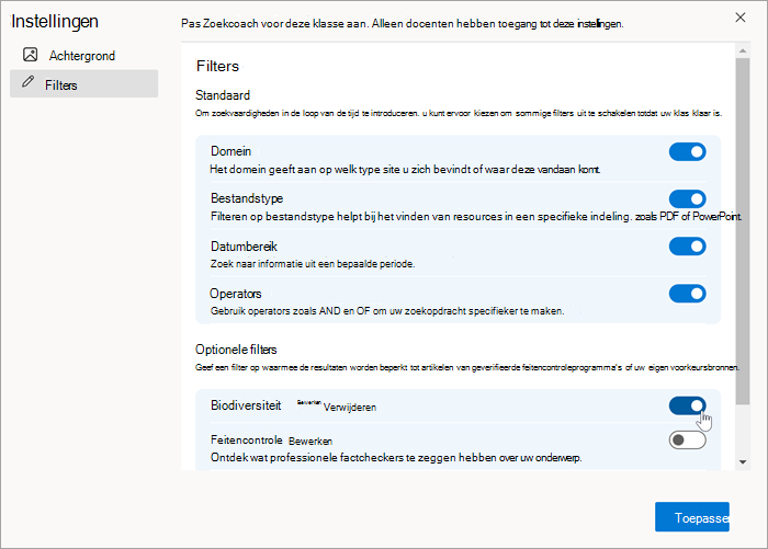 Schermafbeelding van een aangepast filter zoals dit wordt weergegeven in de instelling Filters nadat het is gemaakt. Het kan worden in- en uitgeschakeld.