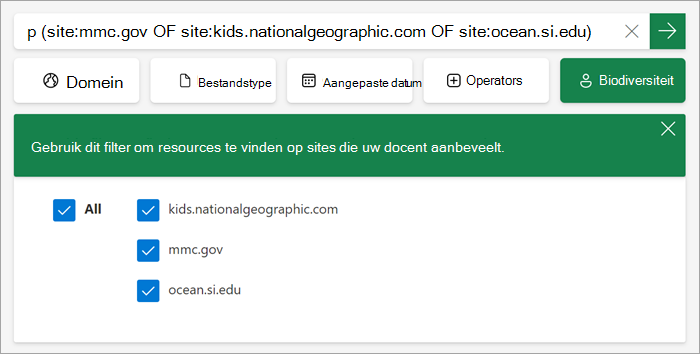 schermafbeelding van hoe het aangepaste filter voor studenten wordt weergegeven wanneer het is ingeschakeld.