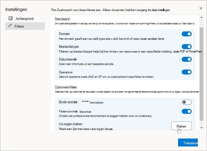 Schermopname van de sectie Filters in instellingen met een muis die Maken selecteert op Zelf maken