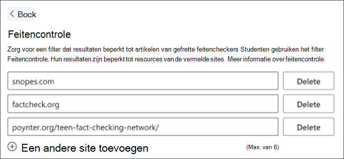 Schermopname van de optie feitencontrole in instellingen. Er worden drie standaardsites voor feitencontrole weergegeven, deze kunnen worden verwijderd en anderen kunnen worden toegevoegd om te voldoen aan de behoeften van docenten.
