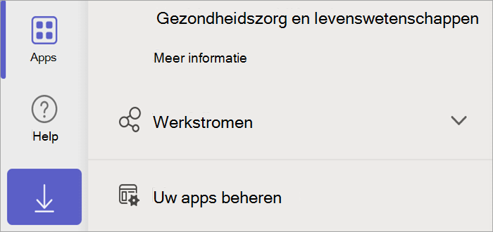 Schermafbeelding van Teams met de apps-knop, die de knop Uw apps beheren onthult.