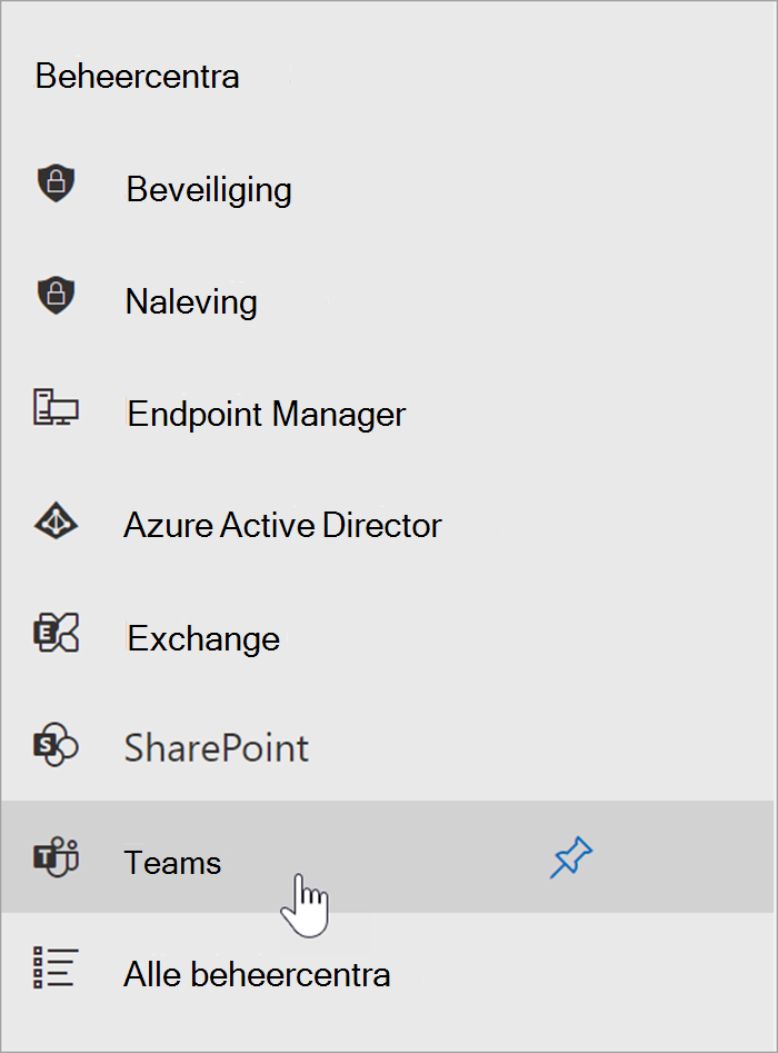 schermopname van het Microsoft 365-beheercentrum met de cursor boven het toegangspunt voor het Teams-beheercentrum.