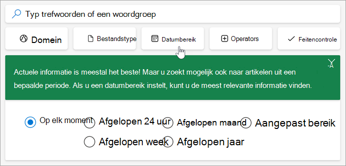 Schermafbeelding van de opties voor het datumbereik: afgelopen 24 uur, afgelopen week, afgelopen maand, afgelopen jaar, aangepast bereik.