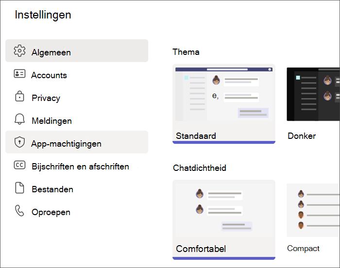 Schermafbeelding van Teams-instellingen van een leerlingprofiel. App-machtigingen is gemarkeerd.