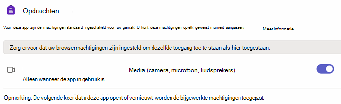 Schermopname van Teams-instellingen na het selecteren van app-machtigingen. een instelling genaamd Media wordt weergegeven met de wisselknop ingeschakeld.