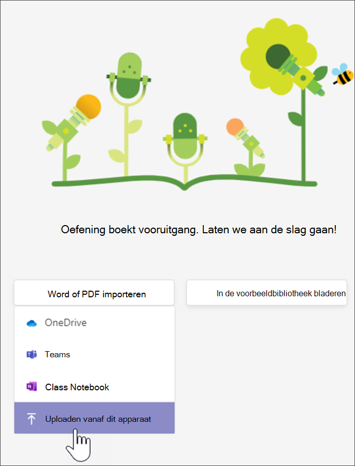 Schermopname van de vervolgkeuzelijst na het selecteren van Uploaden Word van PDF