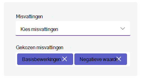 Schermopname van opties voor misvattingen.